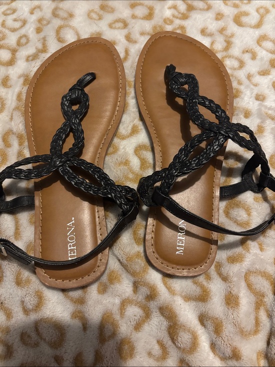 Merona Shoes - Merona Black Braided Toe-Loop Sandals with Tan Footbed